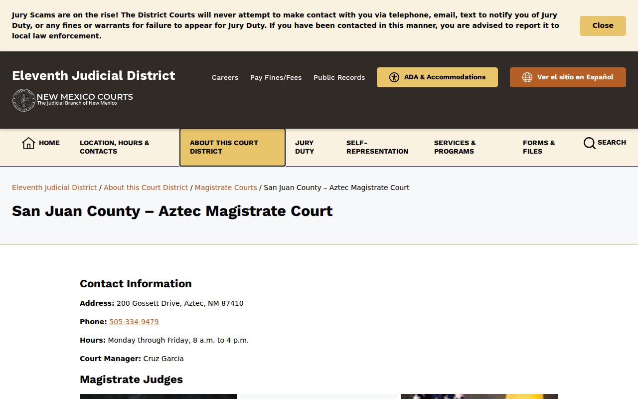 Aztec court docket access at the San Juan County Aztec Magistrate Court
