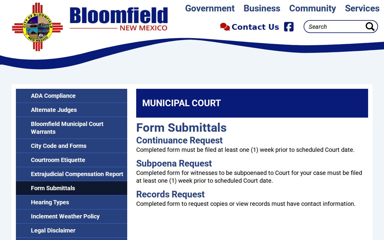 Bloomfield court docket form submittals for court records and continuance requests