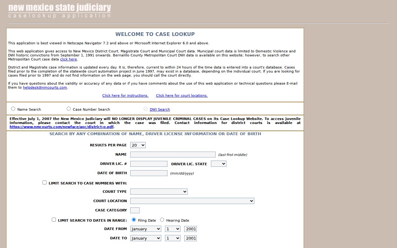 San Juan County case lookup name search fields and court filters