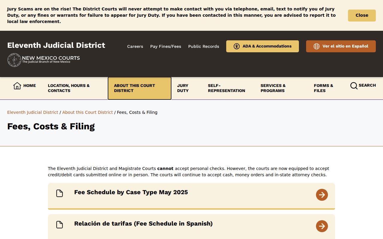 San Juan County civil docket fee and filing information from Eleventh District Court