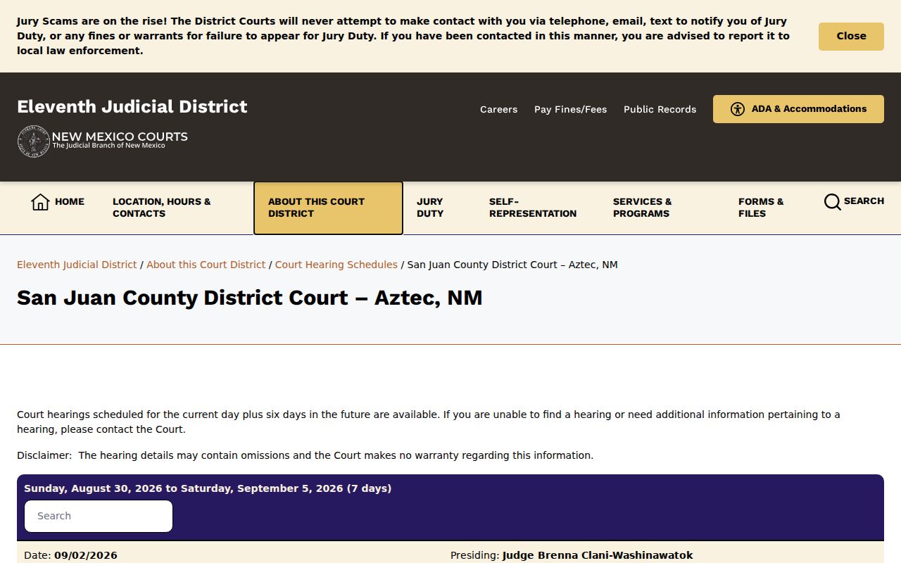 San Juan County court calendar for Aztec District Court hearing schedule