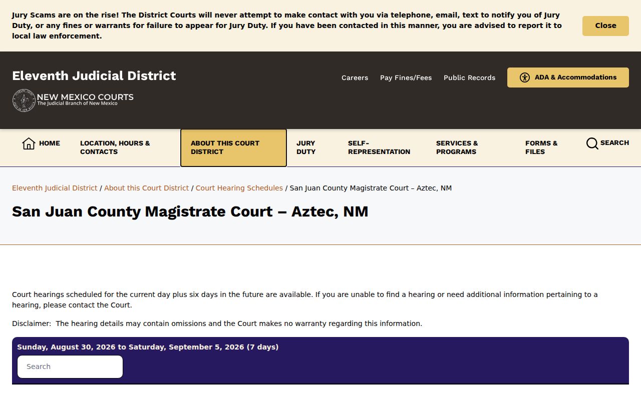 San Juan County court calendar for Aztec Magistrate Court hearing schedule