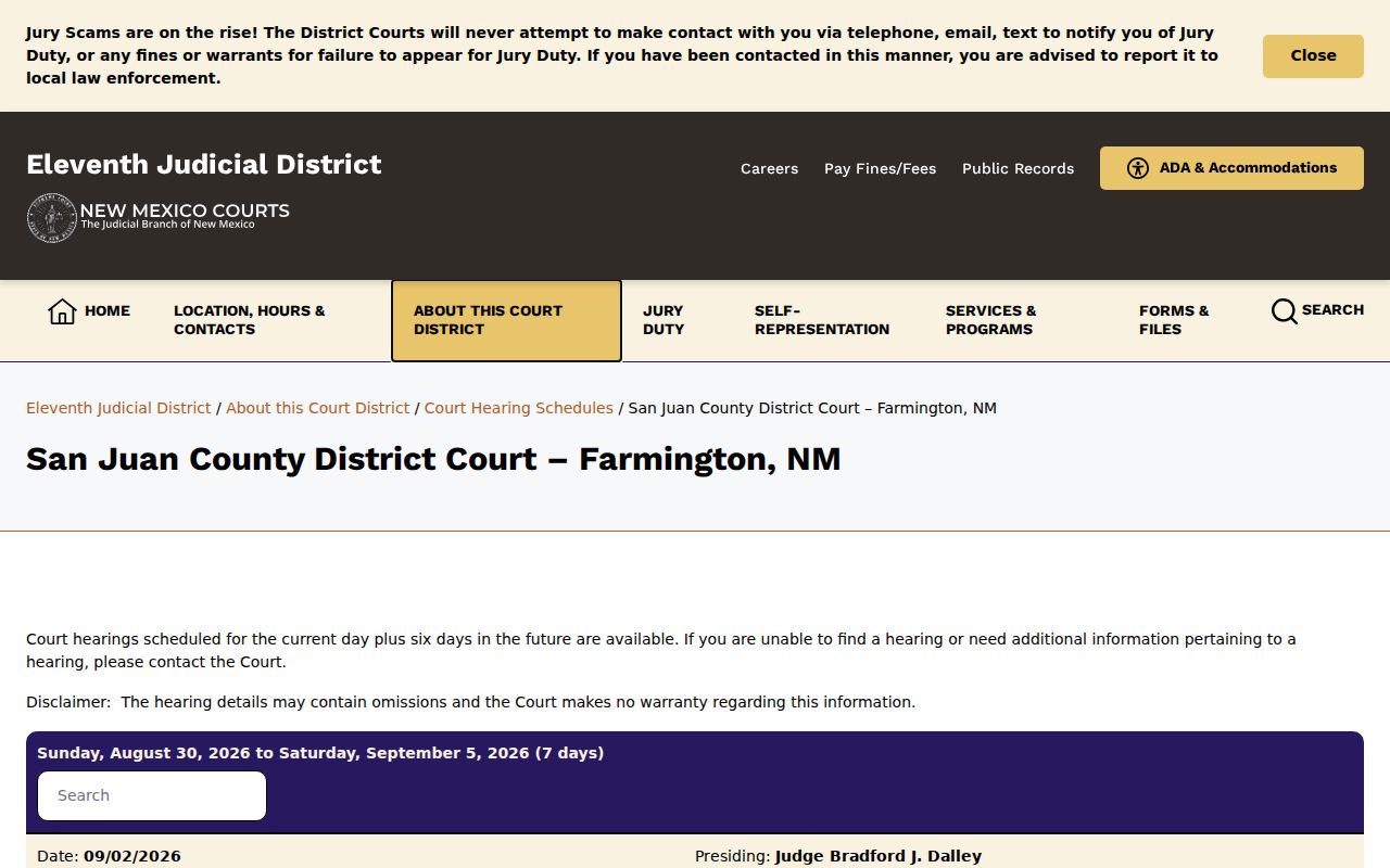 San Juan County court calendar for Farmington District Court hearing schedule