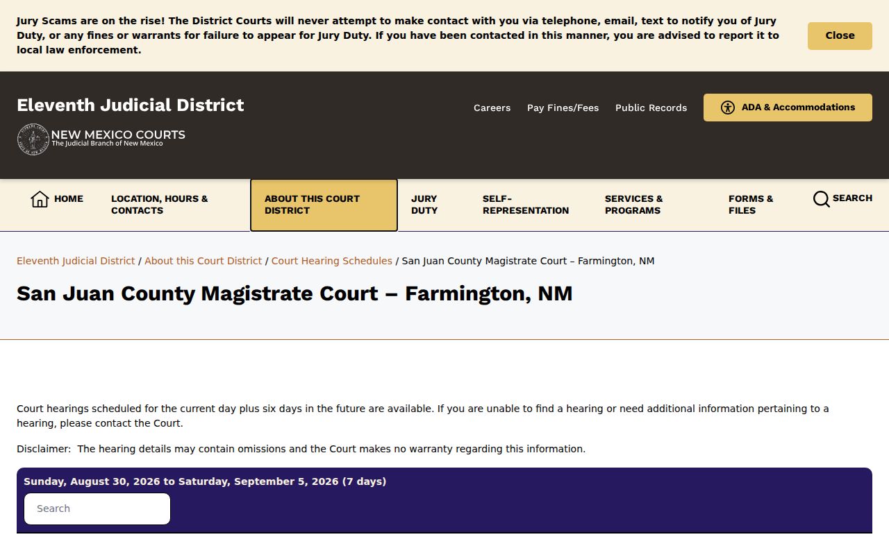 San Juan County court calendar for Farmington Magistrate Court hearing schedule