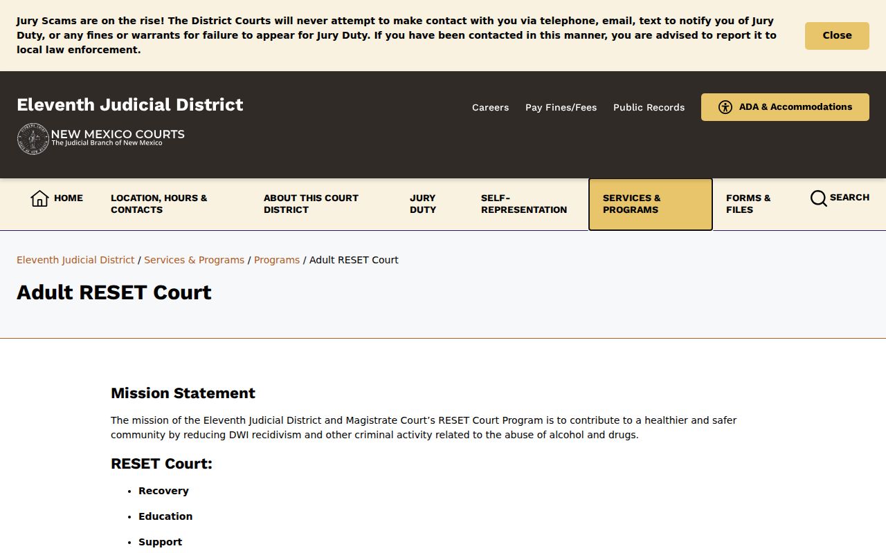 San Juan County criminal docket Adult RESET Court program page