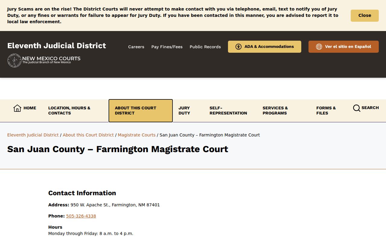 Farmington court docket contact for Farmington Magistrate Court